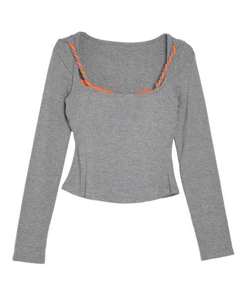 Pt18kg(プラチナイチハチキログラム)の「ラインスクエアネックスリムトップ(Tシャツ/カットソー・レディース・ブラック/グレー・FREE)」の5枚目の写真