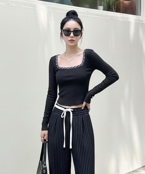 Pt18kg(プラチナイチハチキログラム)の「ラインスクエアネックスリムトップ(Tシャツ/カットソー・レディース・ブラック/グレー・FREE)」の8枚目の写真