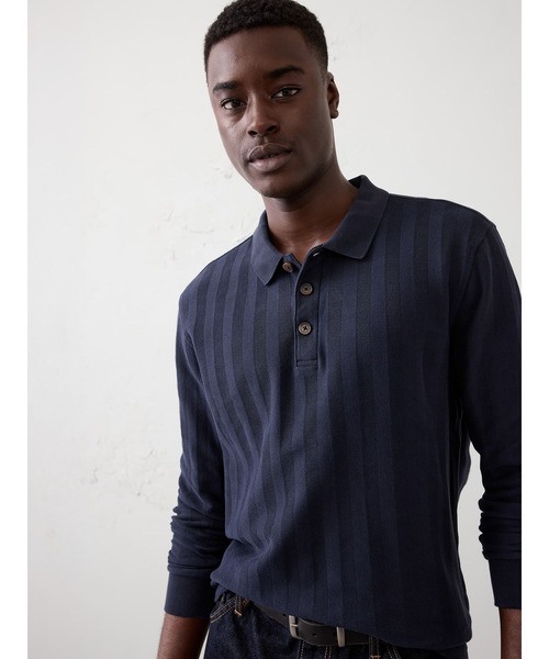 BANANA REPUBLIC FACTORY STORE(バナナリパブリック ファクトリーストア)の「BANANA REPUBLIC FACTORY STORE スタンダードフィット ウォッシュド ヘリンボーン ポロシャツ(ポロシャツ・メンズ・ホワイト/ネイビー・XL/M/S/L)」の2枚目の写真