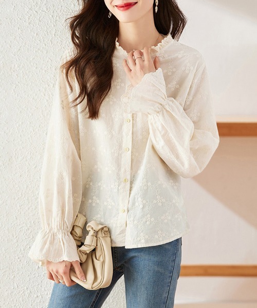 ONEP STAR(ワンピスター)の「フリル袖刺繍入りブラウス(シャツ/ブラウス・レディース・ホワイト/ベージュ・MEDIUM/LARGE/X-LARGE)」の8枚目の写真