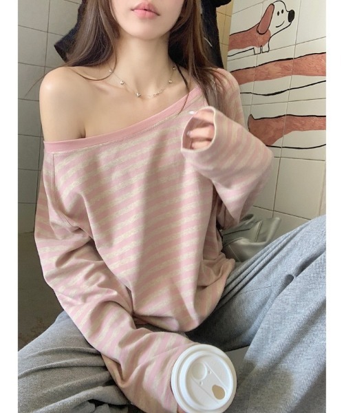 Ritzy（リッツィー）の「ストライプオフショルダートップス（Tシャツ/カットソー・レディース・ピンク/ブラック・M）」の2枚目の写真