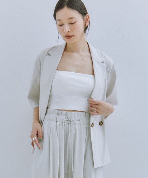 Obis&(オビスアンド)の「【セットアップ対応】ハーフスリーブダブルジャケット(テーラードジャケット・レディース・モカ/アイボリー・FREE)」の4枚目の写真