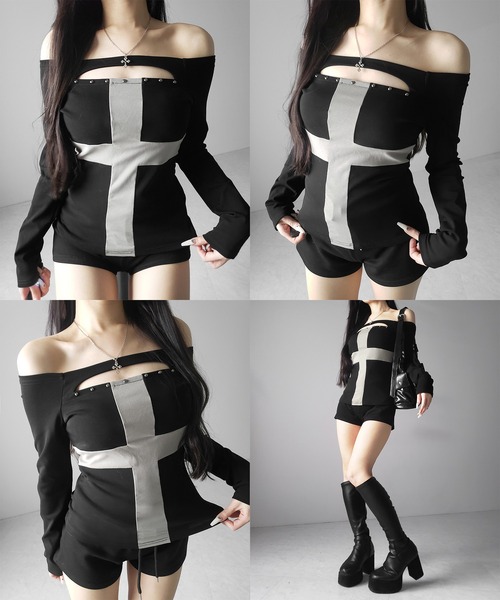 me+em select（ミームセレクト）の「【 ２color 】十字架クロスデザインカットアウトオフショルスリムトップス ／ cross design cutout offshoulder slim tops（Tシャツ/カットソー・レディース・グレー/ブラック・FREE）」の5枚目の写真