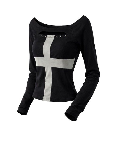 me+em select（ミームセレクト）の「【 ２color 】十字架クロスデザインカットアウトオフショルスリムトップス ／ cross design cutout offshoulder slim tops（Tシャツ/カットソー・レディース・グレー/ブラック・FREE）」の3枚目の写真