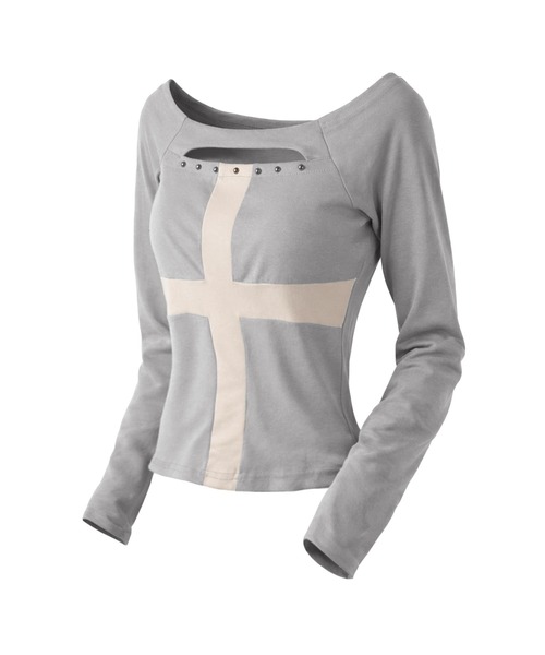 me+em select（ミームセレクト）の「【 ２color 】十字架クロスデザインカットアウトオフショルスリムトップス ／ cross design cutout offshoulder slim tops（Tシャツ/カットソー・レディース・グレー/ブラック・FREE）」の4枚目の写真