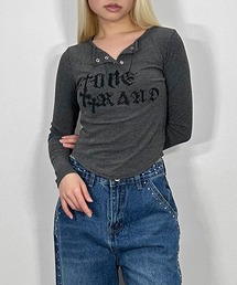ヘンリーネッククロスリブトップス / ロンT クロップド丈 カットソー インナー スタイルアップ レイヤード ストリート 海外ガール コンパクト ブラック ホワイト グレー
