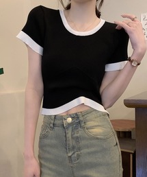 配色リブクロップド丈ニット