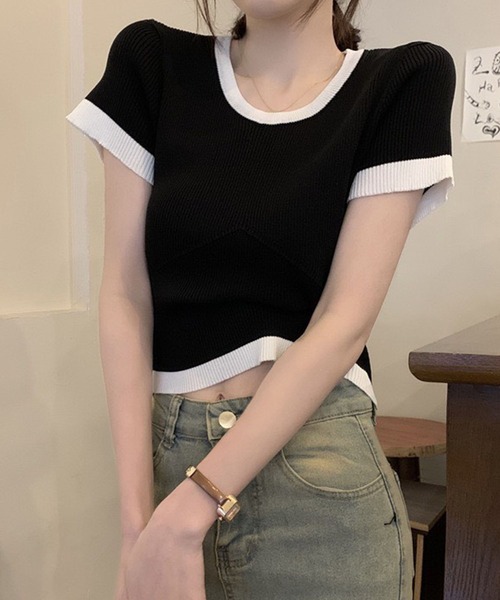 GLAMOROUS JANE(グラマラスジェーン)の「配色リブクロップド丈ニット(ニット/セーター・レディース・ホワイト/ブラック・FREE)」の7枚目の写真