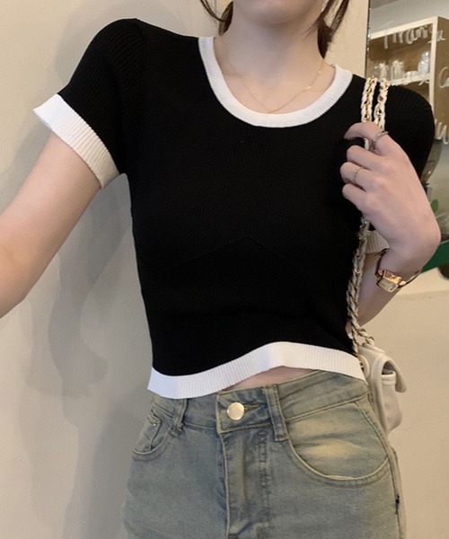 GLAMOROUS JANE(グラマラスジェーン)の「配色リブクロップド丈ニット(ニット/セーター・レディース・ホワイト/ブラック・FREE)」の8枚目の写真