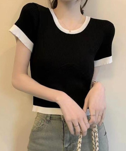 GLAMOROUS JANE(グラマラスジェーン)の「配色リブクロップド丈ニット(ニット/セーター・レディース・ホワイト/ブラック・FREE)」の9枚目の写真