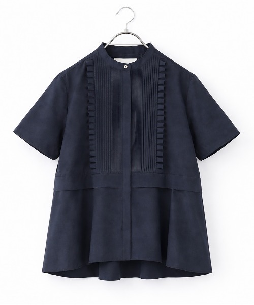 Marilyn Moon（マリリンムーン）の「tuck frill flare half sleeve shirt（シャツ/ブラウス・レディース・ネイビー/キャメル/ホワイト/グレー/サックスブルー・FREE）」の3枚目の写真