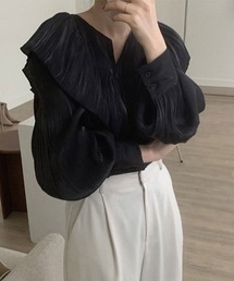 Vネック フリルギャザーブラウス