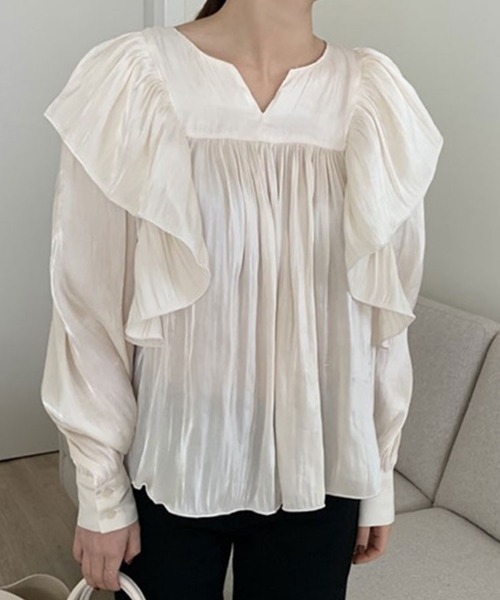 SallyLunn（サリーラン）の「Vネック フリルギャザーブラウス（シャツ/ブラウス・レディース・ホワイト/ブラック・LARGE/MEDIUM）」の10枚目の写真