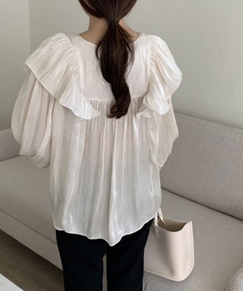 SallyLunn（サリーラン）の「Vネック フリルギャザーブラウス（シャツ/ブラウス・レディース・ホワイト/ブラック・LARGE/MEDIUM）」の11枚目の写真