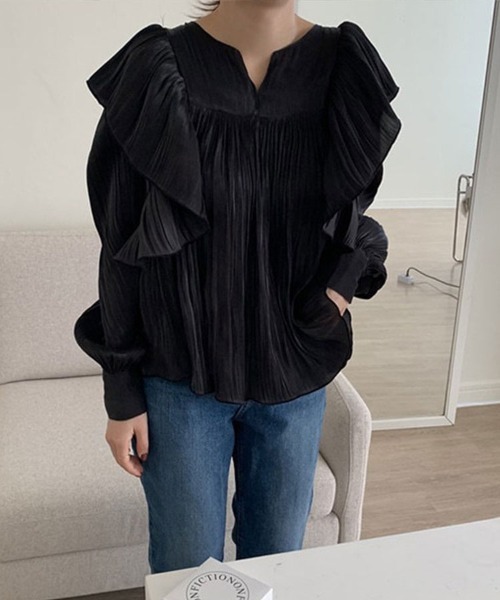 SallyLunn（サリーラン）の「Vネック フリルギャザーブラウス（シャツ/ブラウス・レディース・ホワイト/ブラック・LARGE/MEDIUM）」の15枚目の写真