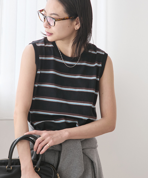 JOURNAL STANDARD（ジャーナルスタンダード）の「汗ジミ防止天竺ボーダーノースリーブ（Tシャツ/カットソー・レディース・レッド/チョコ/ブラック/ベージュ・FREE）」の8枚目の写真