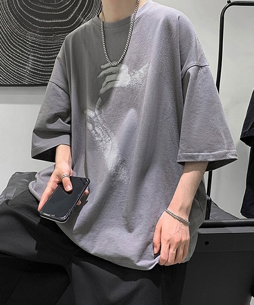 tunee（チュニー）の「【WARAIJOGO】HANDプリントオーバーサイズTシャツ(NEZ)（Tシャツ/カットソー・メンズ・ホワイト/グレー/ブラック・FREE）」の3枚目の写真