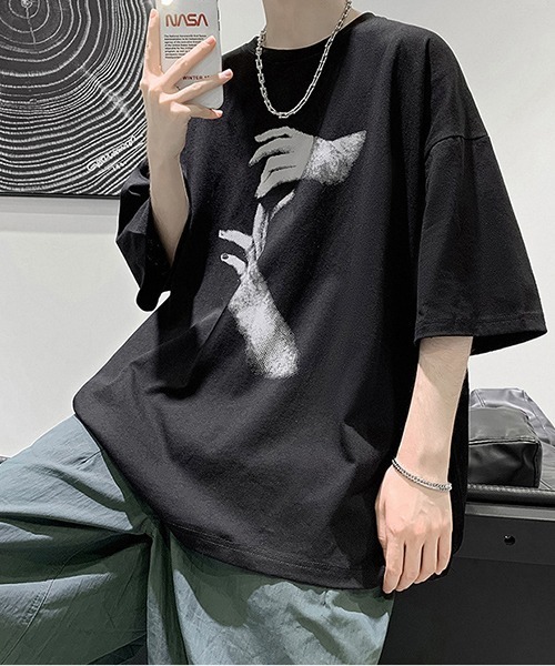 tunee（チュニー）の「【WARAIJOGO】HANDプリントオーバーサイズTシャツ(NEZ)（Tシャツ/カットソー・メンズ・ホワイト/グレー/ブラック・FREE）」の2枚目の写真
