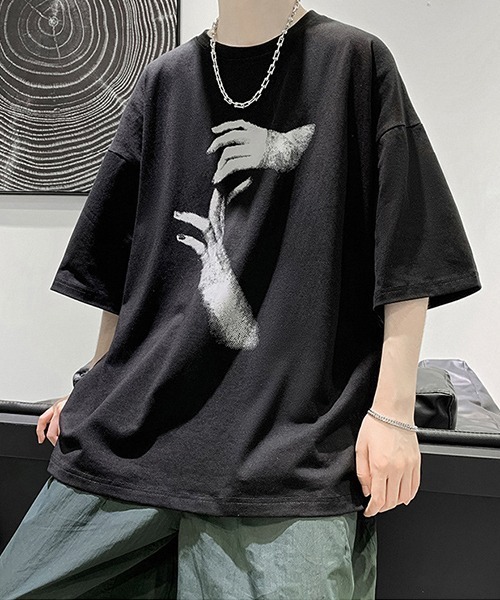 tunee（チュニー）の「【WARAIJOGO】HANDプリントオーバーサイズTシャツ(NEZ)（Tシャツ/カットソー・メンズ・ホワイト/グレー/ブラック・FREE）」の4枚目の写真