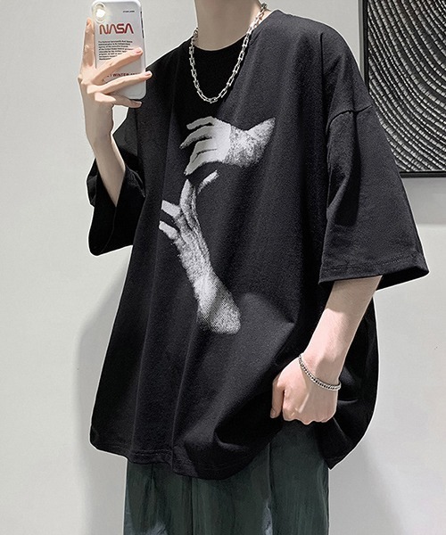 tunee（チュニー）の「【WARAIJOGO】HANDプリントオーバーサイズTシャツ(NEZ)（Tシャツ/カットソー・メンズ・ホワイト/グレー/ブラック・FREE）」の5枚目の写真