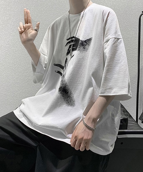 tunee（チュニー）の「【WARAIJOGO】HANDプリントオーバーサイズTシャツ(NEZ)（Tシャツ/カットソー・メンズ・ホワイト/グレー/ブラック・FREE）」の13枚目の写真