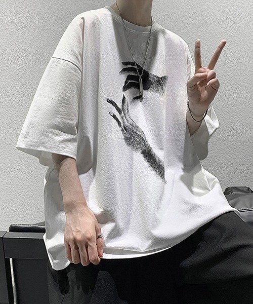 tunee（チュニー）の「【WARAIJOGO】HANDプリントオーバーサイズTシャツ(NEZ)（Tシャツ/カットソー・メンズ・ホワイト/グレー/ブラック・FREE）」の14枚目の写真