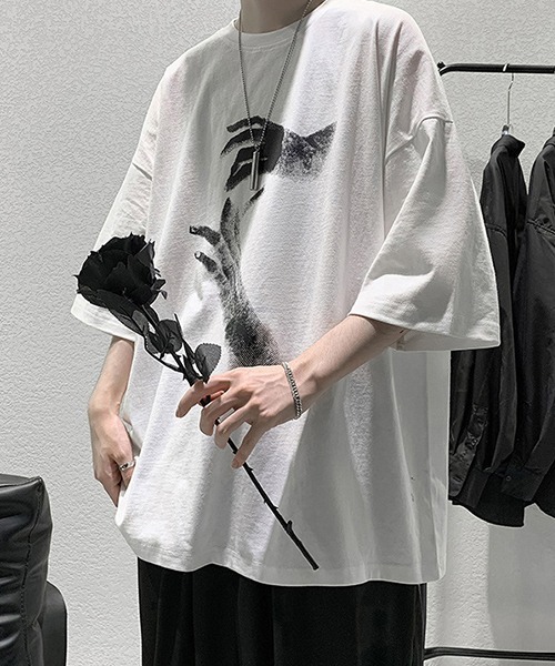 tunee（チュニー）の「【WARAIJOGO】HANDプリントオーバーサイズTシャツ(NEZ)（Tシャツ/カットソー・メンズ・ホワイト/グレー/ブラック・FREE）」の15枚目の写真
