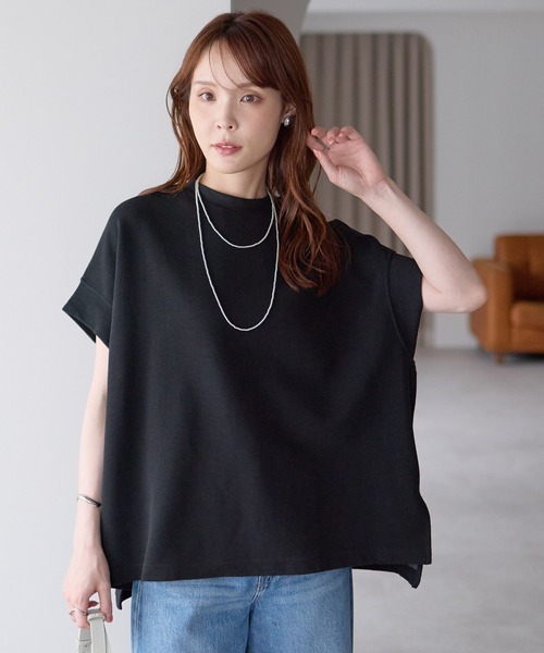 PREFERIR（プレフェリール）の「体型カバー リップルダブルフェイス フレンチスリーブTシャツ｜きれい見えオーバーサイズ（Tシャツ/カットソー・レディース・ホワイト/ブラック/ブラウン・FREE）」の2枚目の写真