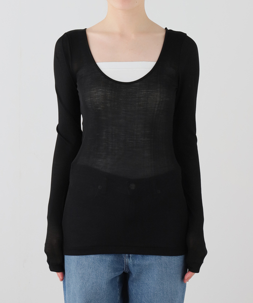 FRAMeWORK(フレームワーク)の「MALU olivia 2way SILKスクープネック ロンTEE(Tシャツ/カットソー・レディース・アイボリー/ブラック・FREE)」の1枚目の写真