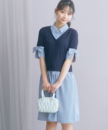 <大きいサイズ>ストライプシャツドッキングワンピース(リボンタイ付) marun