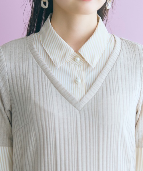 marun（マルン）の「＜大きいサイズ＞ストライプシャツドッキングワンピース(リボンタイ付)  marun（ワンピース・レディース・ベージュ系/ネイビー系・LL/L/5L/4L/3L）」の11枚目の写真