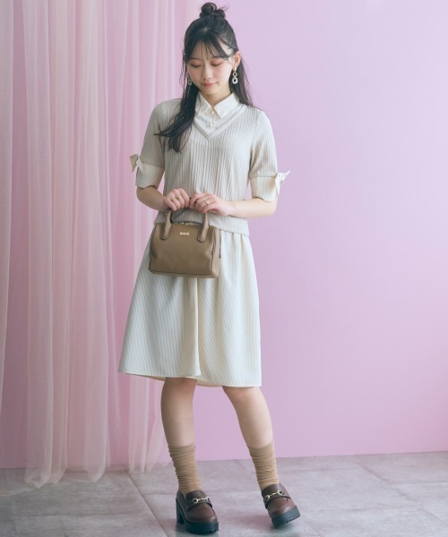 marun（マルン）の「＜大きいサイズ＞ストライプシャツドッキングワンピース(リボンタイ付)  marun（ワンピース・レディース・ベージュ系/ネイビー系・LL/L/5L/4L/3L）」の6枚目の写真