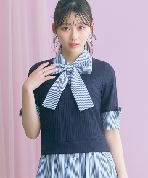 marun（マルン）の「＜大きいサイズ＞ストライプシャツドッキングワンピース(リボンタイ付)  marun（ワンピース・レディース・ベージュ系/ネイビー系・LL/L/5L/4L/3L）」の22枚目の写真