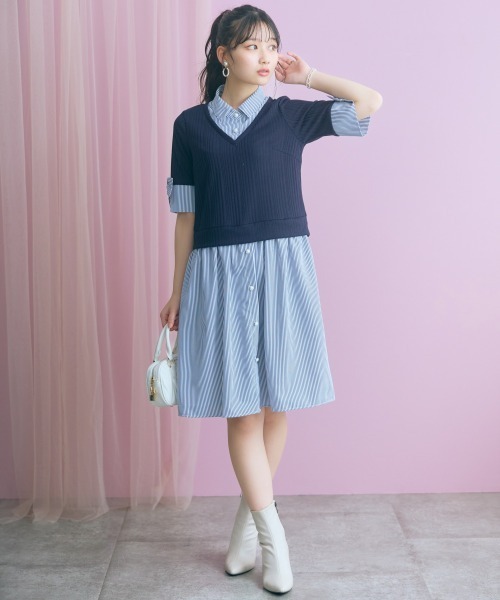 marun（マルン）の「＜大きいサイズ＞ストライプシャツドッキングワンピース(リボンタイ付)  marun（ワンピース・レディース・ベージュ系/ネイビー系・LL/L/5L/4L/3L）」の8枚目の写真