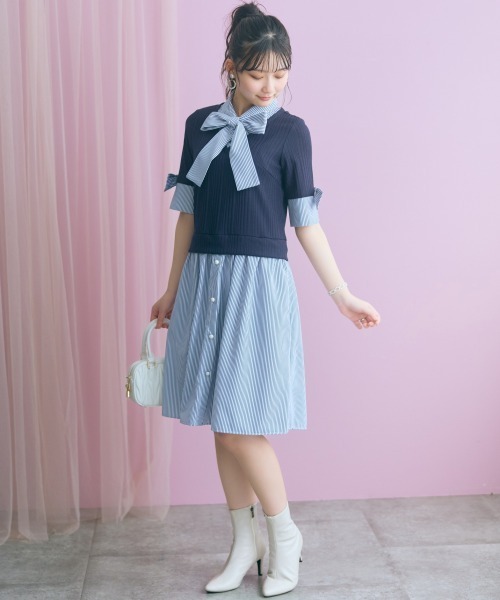 marun（マルン）の「＜大きいサイズ＞ストライプシャツドッキングワンピース(リボンタイ付)  marun（ワンピース・レディース・ベージュ系/ネイビー系・LL/L/5L/4L/3L）」の7枚目の写真