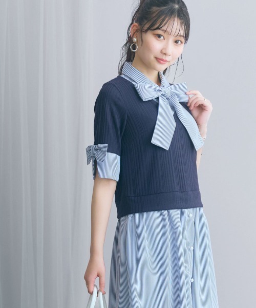 marun（マルン）の「＜大きいサイズ＞ストライプシャツドッキングワンピース(リボンタイ付)  marun（ワンピース・レディース・ベージュ系/ネイビー系・LL/L/5L/4L/3L）」の9枚目の写真