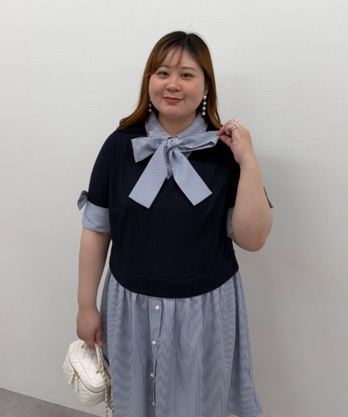 大きいサイズ＞ストライプシャツドッキングワンピース(リボンタイ付