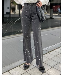 Studs pin stripe wide flare denim pants / スタッズピンストライプ