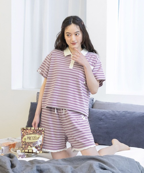 sanrio（サンリオ）の「【ハローキティ】マルチボーダーポロセットアップ（ルームウェア/パジャマ・レディース・ピンク/ブラウン・FREE）」の5枚目の写真