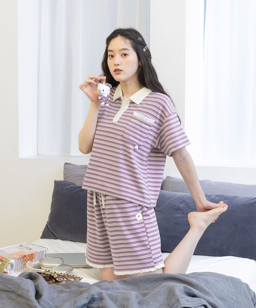 sanrio（サンリオ）の「【ハローキティ】マルチボーダーポロセットアップ（ルームウェア/パジャマ・レディース・ピンク/ブラウン・FREE）」の6枚目の写真