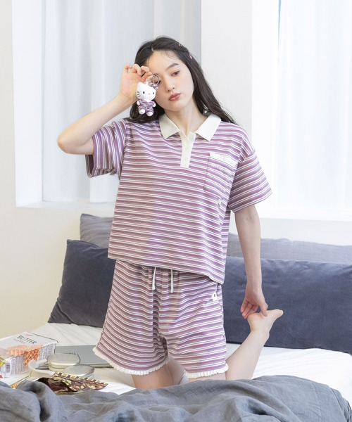 sanrio（サンリオ）の「【ハローキティ】マルチボーダーポロセットアップ（ルームウェア/パジャマ・レディース・ピンク/ブラウン・FREE）」の7枚目の写真
