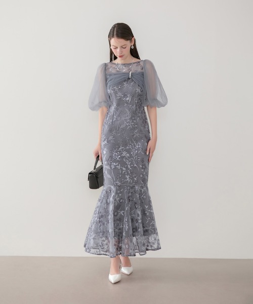 Leja（レジャ）の「【LEJA】チュールリボンスパンコールボリュームスリーブマーメイドワンピースドレス美脚効果結婚式 パーティードレス 成人式 二次会 同窓会 お呼ばれ オケージョン 20代 30代（ドレス・レディース・グレー・SMALL/MEDIUM）」の4枚目の写真