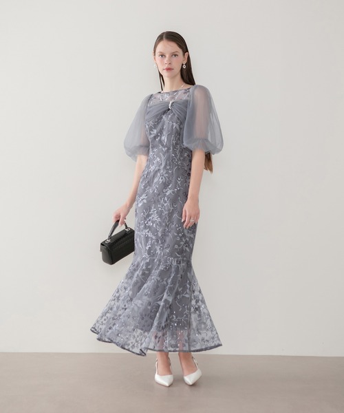 Leja（レジャ）の「【LEJA】チュールリボンスパンコールボリュームスリーブマーメイドワンピースドレス美脚効果結婚式 パーティードレス 成人式 二次会 同窓会 お呼ばれ オケージョン 20代 30代（ドレス・レディース・グレー・SMALL/MEDIUM）」の3枚目の写真