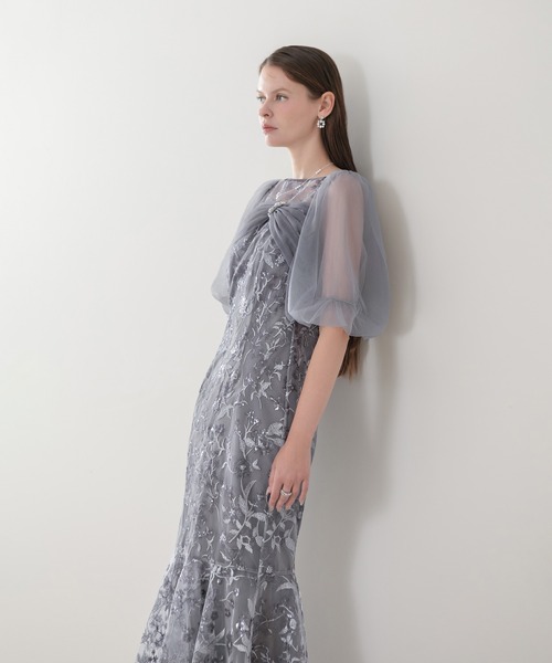 Leja（レジャ）の「【LEJA】チュールリボンスパンコールボリュームスリーブマーメイドワンピースドレス美脚効果結婚式 パーティードレス 成人式 二次会 同窓会 お呼ばれ オケージョン 20代 30代（ドレス・レディース・グレー・SMALL/MEDIUM）」の5枚目の写真