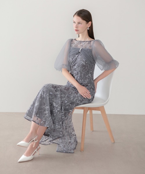 Leja（レジャ）の「【LEJA】チュールリボンスパンコールボリュームスリーブマーメイドワンピースドレス美脚効果結婚式 パーティードレス 成人式 二次会 同窓会 お呼ばれ オケージョン 20代 30代（ドレス・レディース・グレー・SMALL/MEDIUM）」の6枚目の写真