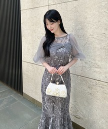 Leja（レジャ）の「【LEJA】チュールリボンスパンコールボリュームスリーブマーメイドワンピースドレス美脚効果結婚式 パーティードレス 成人式 二次会 同窓会 お呼ばれ オケージョン 20代 30代（ドレス）」