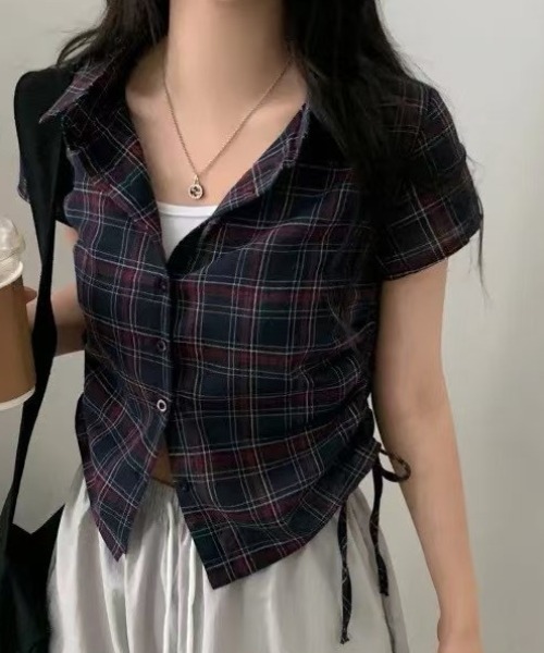 Candy Pot(キャンディポット)の「チェック柄サイドリボンショートシャツ(シャツ/ブラウス・レディース・ネイビー/ホワイト・FREE)」の5枚目の写真