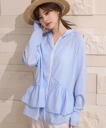 TeddyShop | 【UVカット率99%/UPF50+/フード・サムホール付き/ふわっと超軽量】お尻が隠れる絶妙丈感。長袖ストライプ柄ティアードフリルラッシュガードパーカー(パーカー)