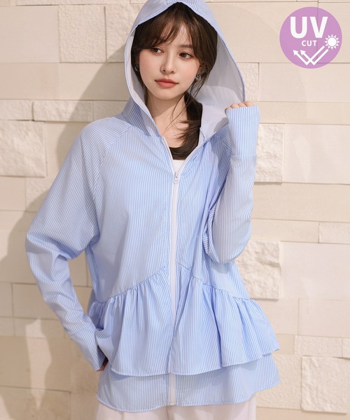 TeddyShop(テディショップ)の「【UVカット率99%/UPF50+/遮熱性有/フード・サムホール付き/ふわっと超軽量】お尻が隠れる絶妙丈感。長袖ストライプ柄ティアードフリルラッシュガードパーカー(パーカー・レディース・ブルー/イエロー・S/L/M/LL)」の22枚目の写真