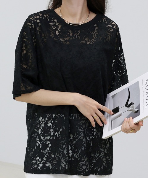 Aletta vita(アレッタビータ)の「シアーレース5分袖プルオーバー(Tシャツ/カットソー・レディース・オフホワイト/ブラック・FREE)」の8枚目の写真
